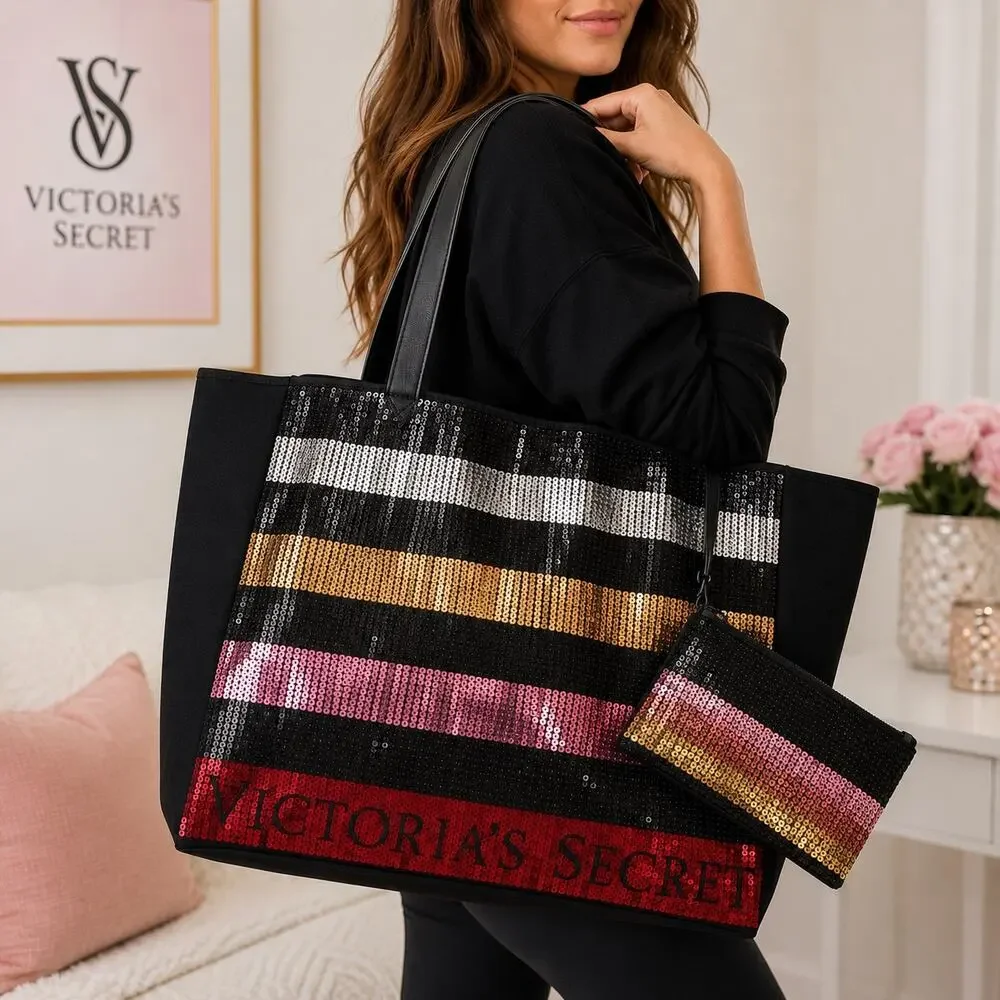 Victoria’s Secret Sequin Tote Bag & Matching Wristlet 2-Piece Set NWT